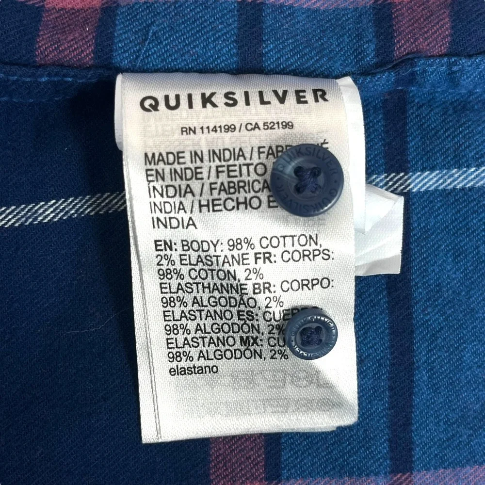Quicksilver‎ Men Large Flannel Blue Pink Plaid Long Sleeve Button-Up Regular Fit